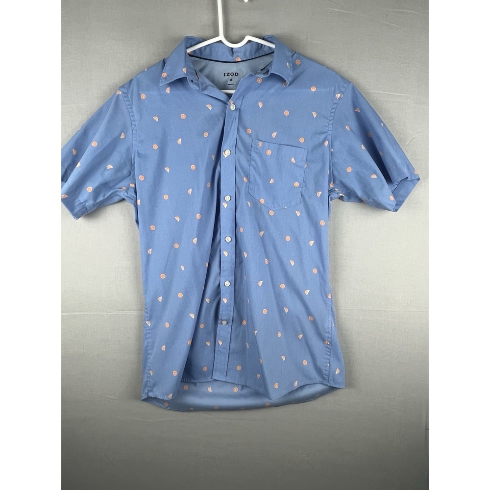 Izod Button‎ Up Shirt Mens Medium Blue Short Sleeve Casual Print Pocket